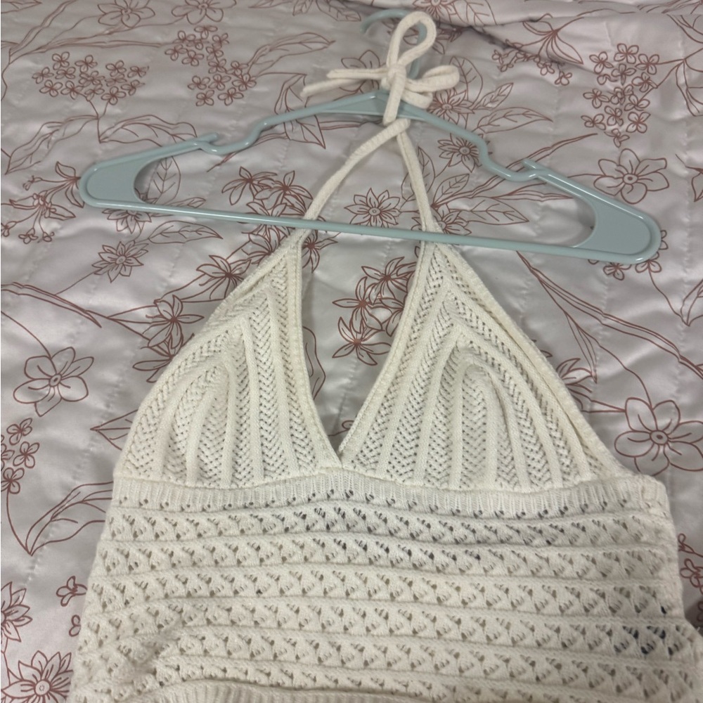 SHEIN Cream Crochet Halter Knit Crop Top